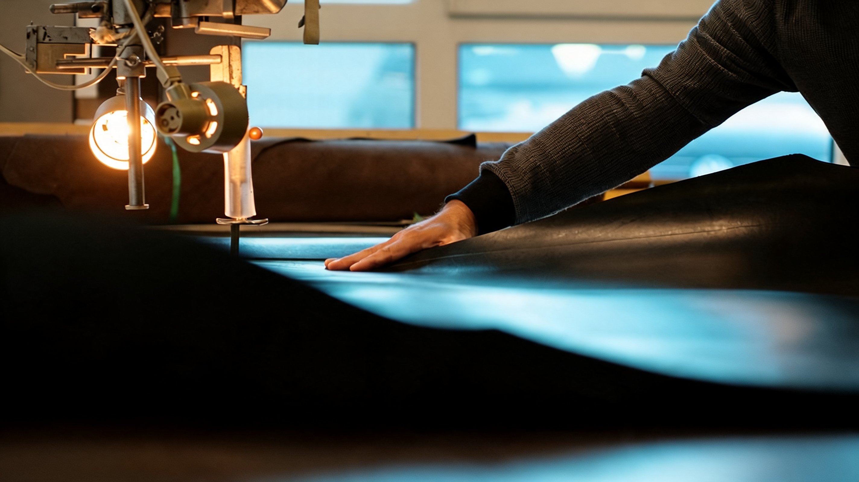 Lederwaren-Handwerk – Nahaufnahme Leder-Näharbeit in der Manufaktur